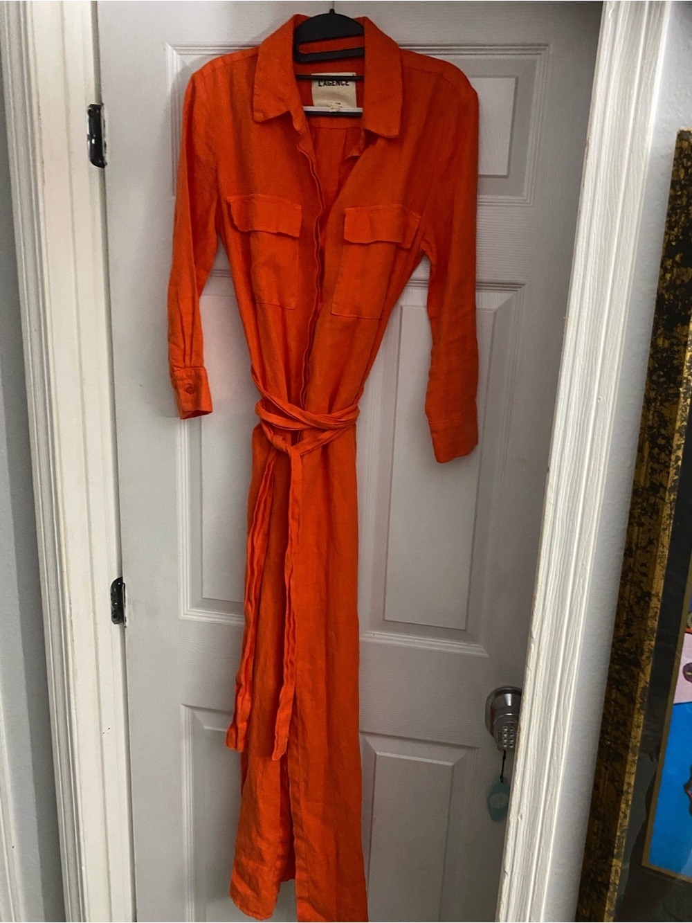 L'AGENCE cameron dress cherry tomato Sleeve Maxi Dress, side slits - Picture 2 of 6